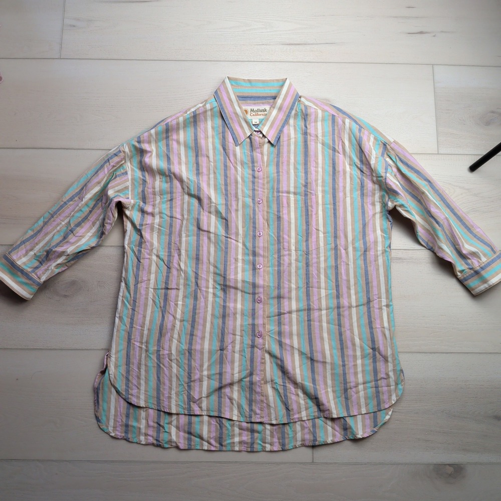 Mollusk‎ California Shirt Mens M 3/4 Sleeve Striped Cotton Button Down